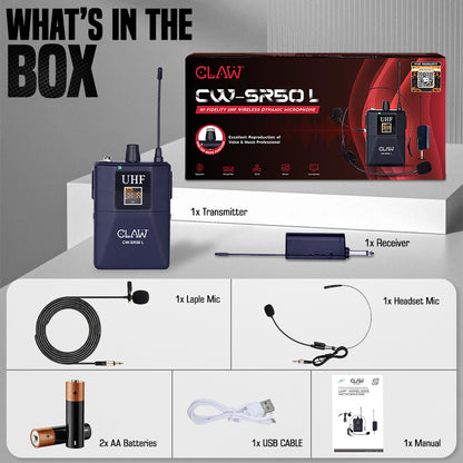 Claw CWSR50L - UHF Wireless Lavalier and Head Microphone with Bodypack Rechargeable Receiver