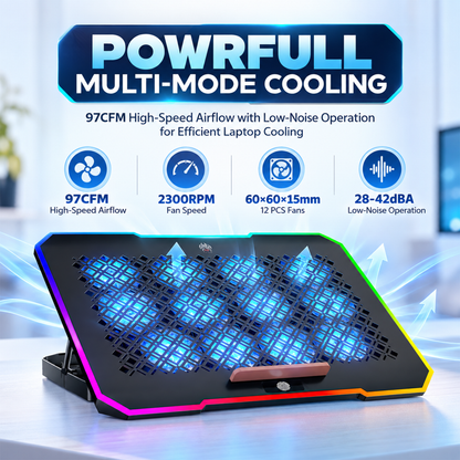 Claw Avalanche Pro F12 - 12 Fans RGB Laptop Cooling Pad with 2 USB Port, Adjustable Height and Mobile Stand