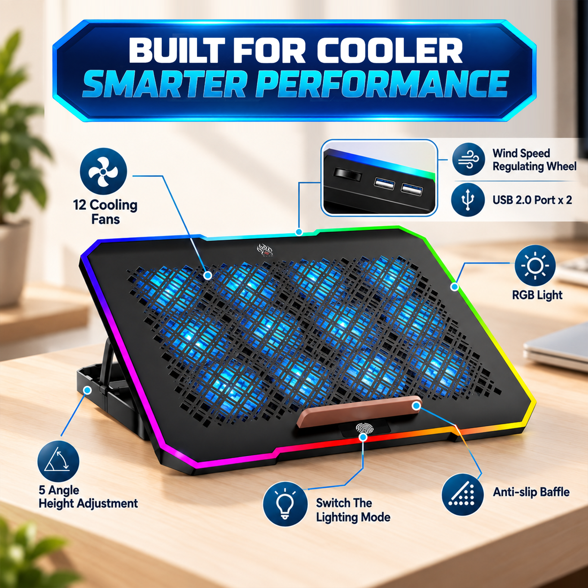 Claw Avalanche Pro F12 - 12 Fans RGB Laptop Cooling Pad with 2 USB Port, Adjustable Height and Mobile Stand