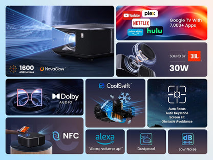 Yaber K3 - Smart Outdoor/Indoor Projector with Google TV, 30W JBL Speaker, Dolby Audio, WiFi 6 and BT