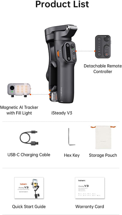 (Refurbished) Hohem V3 - Handheld Gimbal with AI tracker, Detachable Remote and Built-In Tripod Extension (Black)