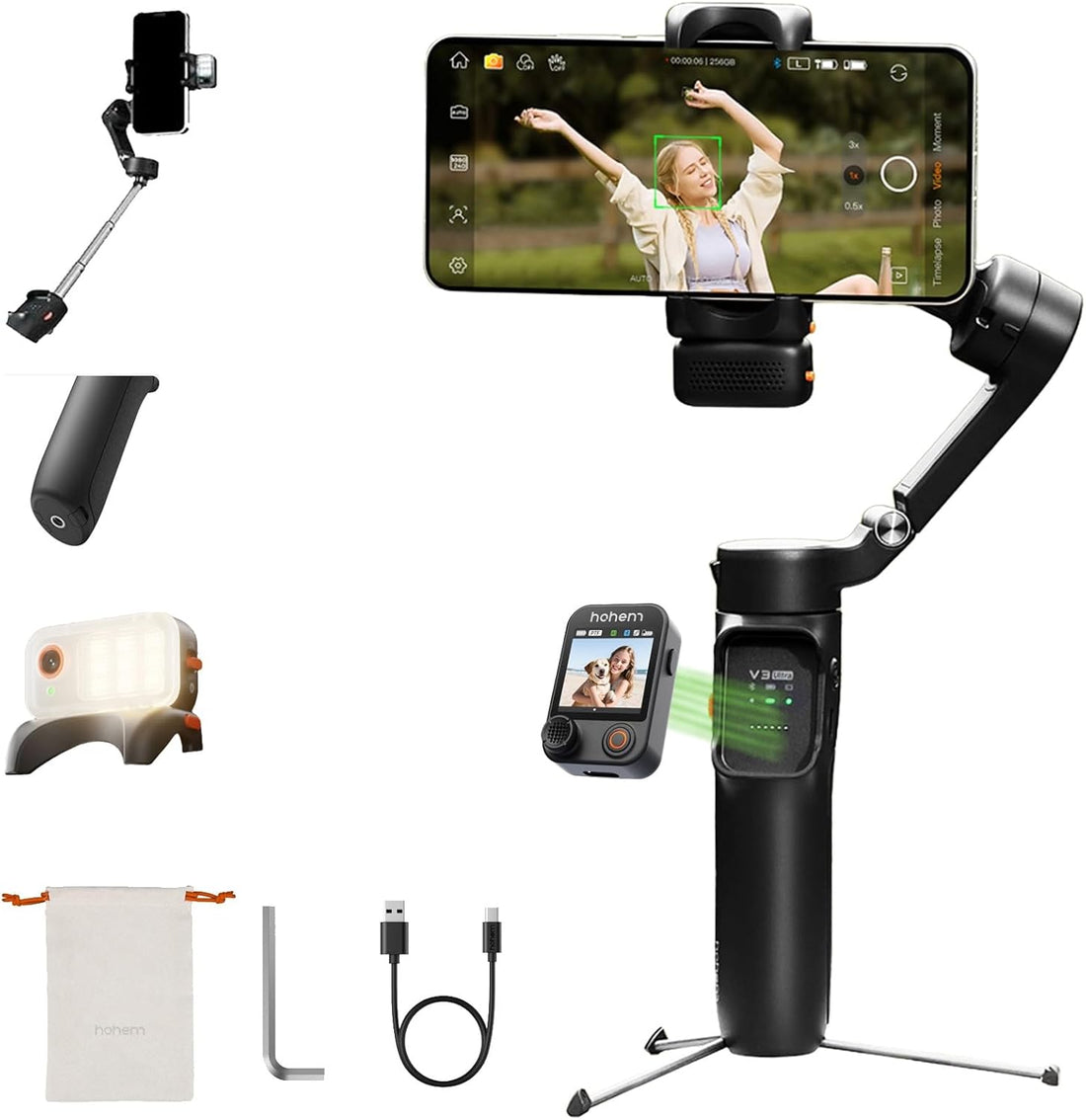 Hohem V3 Ultra - Smart Phone Gimbal with AI Tracking, Fill Light, Detachable Remote and Built-in Extendable Rod &amp; Tripod (Black)