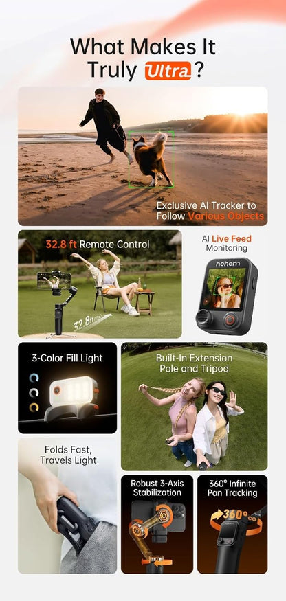 Hohem V3 Ultra - Smart Phone Gimbal with AI Tracking, Fill Light, Detachable Remote and Built-in Extendable Rod &amp; Tripod (Black)