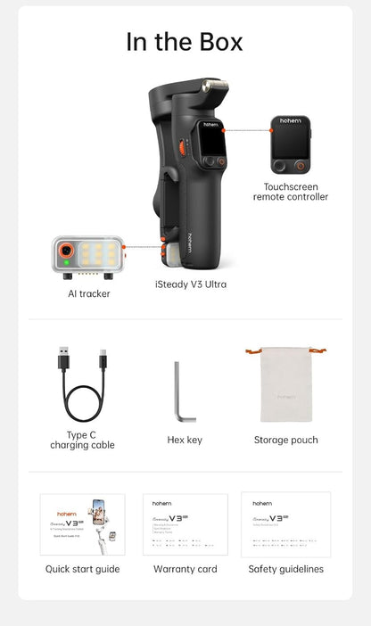 Hohem V3 Ultra - Smart Phone Gimbal with AI Tracking, Fill Light, Detachable Remote and Built-in Extendable Rod &amp; Tripod (Black)