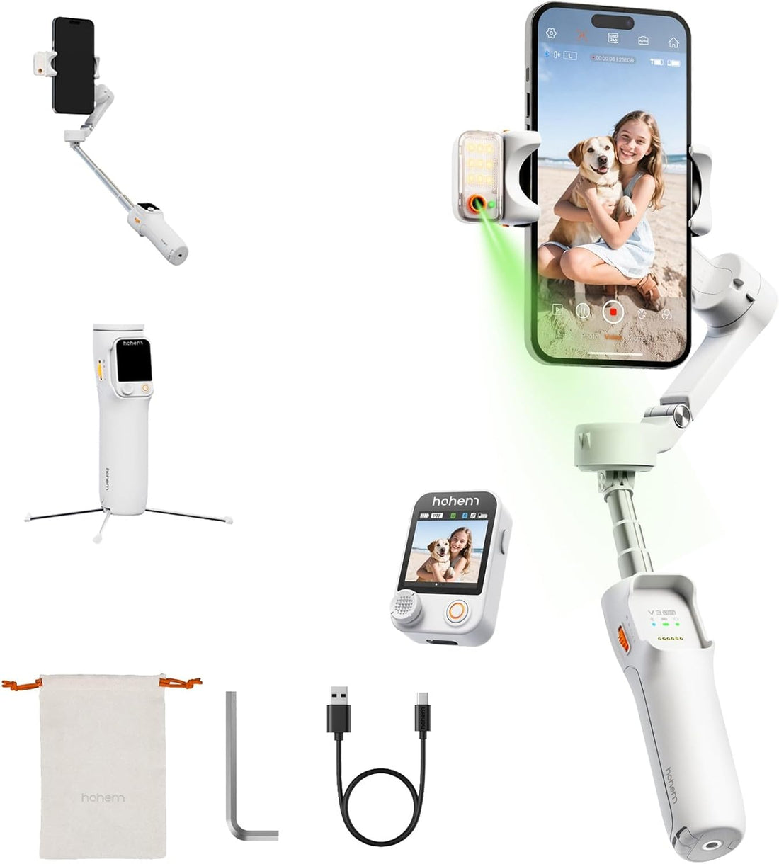 Hohem V3 Ultra - Smart Phone Gimbal with AI Tracking, Fill Light, Detachable Remote and Built-in Extendable Rod &amp; Tripod (White)