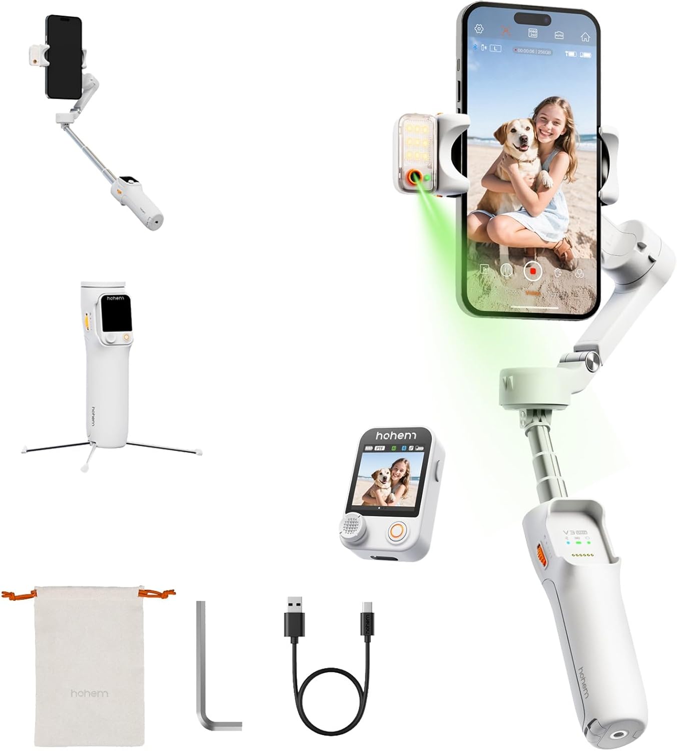 Hohem V3 Ultra - Smart Phone Gimbal with AI Tracking, Fill Light, Detachable Remote and Built-in Extendable Rod &amp; Tripod (White)