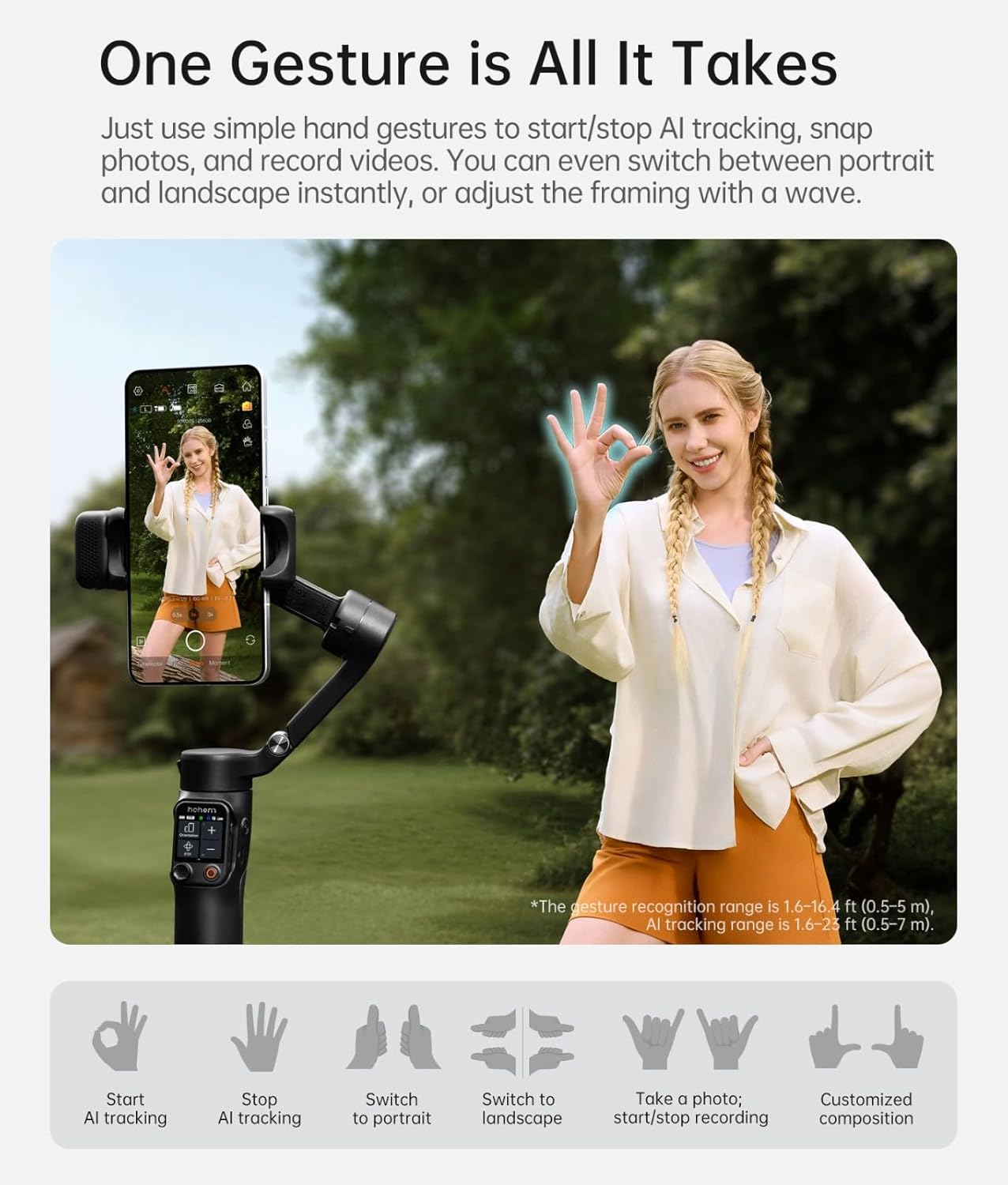 Hohem V3 Ultra - Smart Phone Gimbal with AI Tracking, Fill Light, Detachable Remote and Built-in Extendable Rod &amp; Tripod (White)