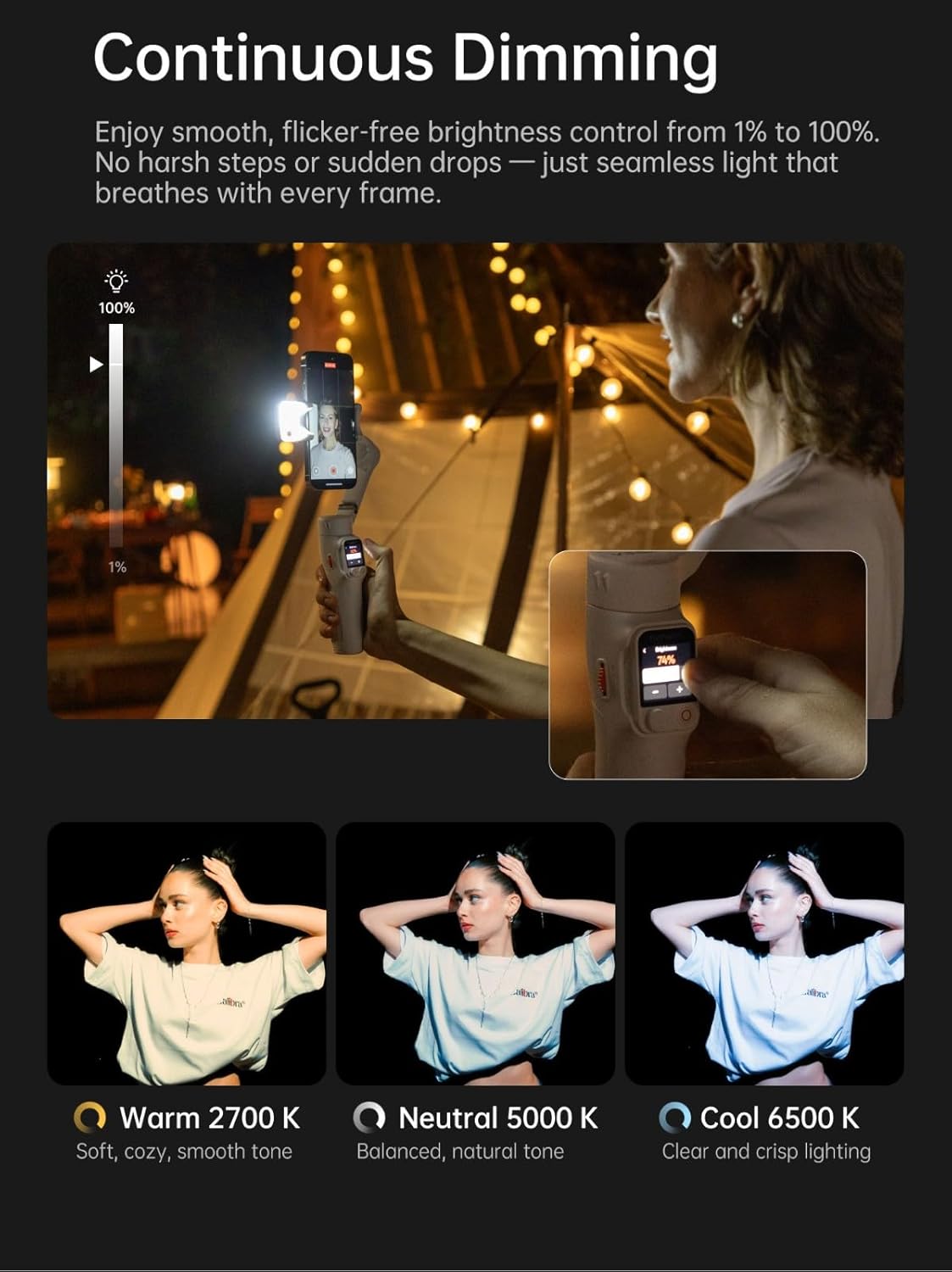 Hohem V3 Ultra - Smart Phone Gimbal with AI Tracking, Fill Light, Detachable Remote and Built-in Extendable Rod &amp; Tripod (White)
