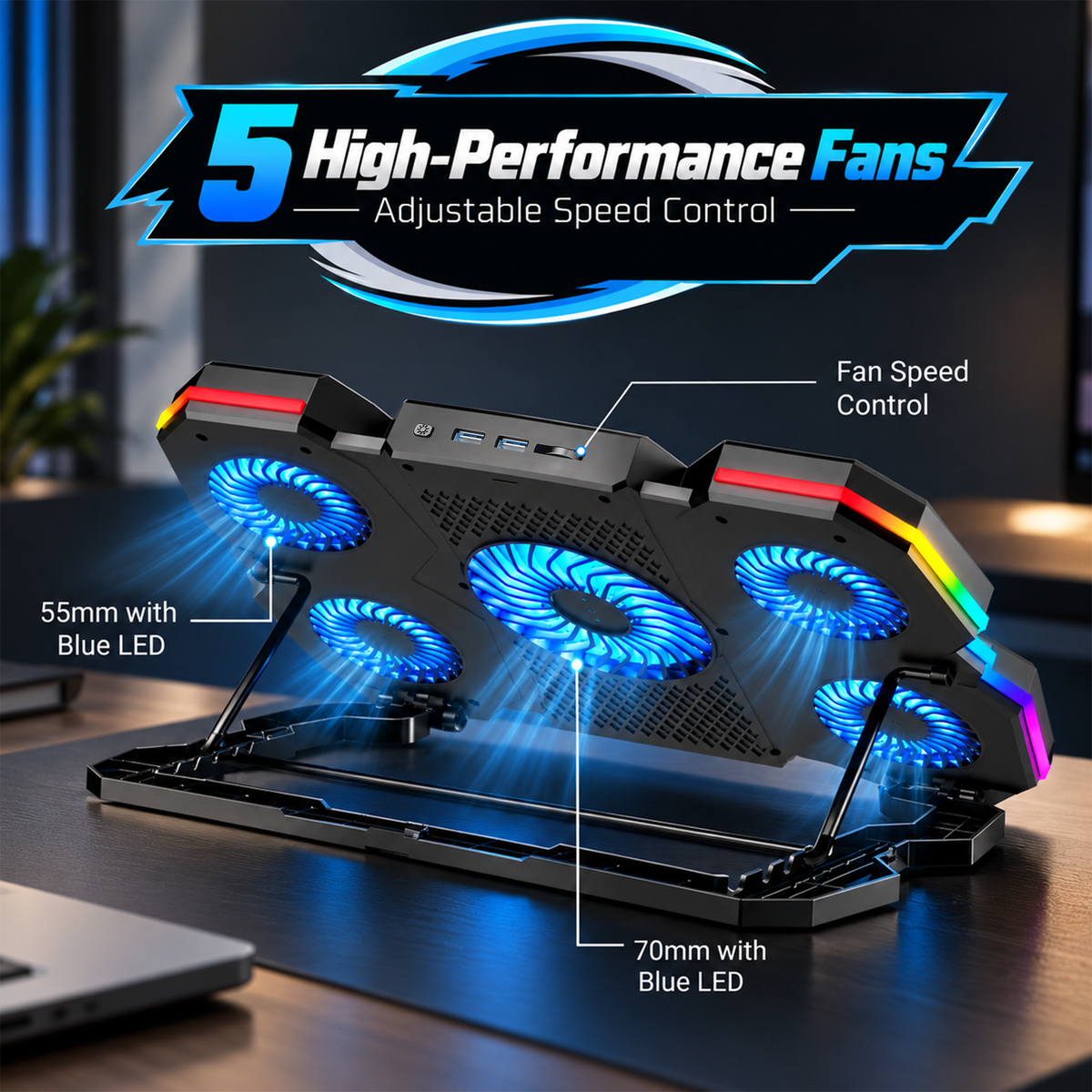 CLAW Polar A14 - 5 Fans and TECH Cooling Surface RGB Laptop Cooling Pad with 2 USB Port, Adjustable Height, Touch Control and Mobile Stand