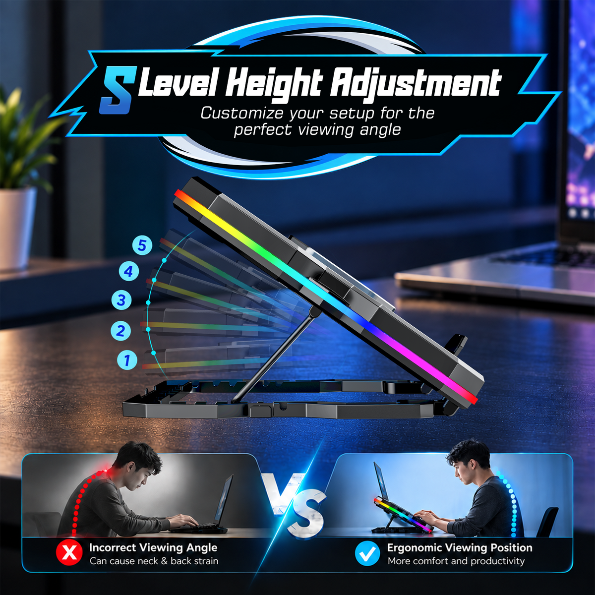 CLAW Polar A14 - 5 Fans and TECH Cooling Surface RGB Laptop Cooling Pad with 2 USB Port, Adjustable Height, Touch Control and Mobile Stand