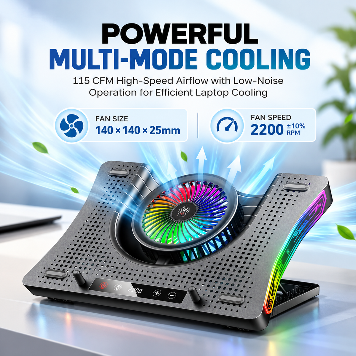 Claw Vortex K8 - 3 Fans RGB Laptop Cooling Pad with Height Adjustment, USB 2.0 + Type-C , Speed Display, Touch Control and Mobile Stand