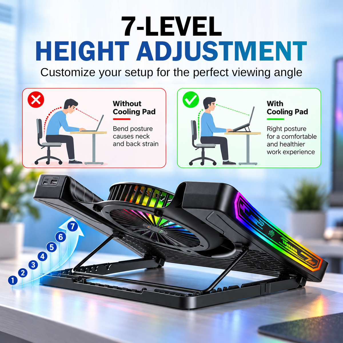 Claw Vortex K8 - 3 Fans RGB Laptop Cooling Pad with Height Adjustment, USB 2.0 + Type-C , Speed Display, Touch Control and Mobile Stand