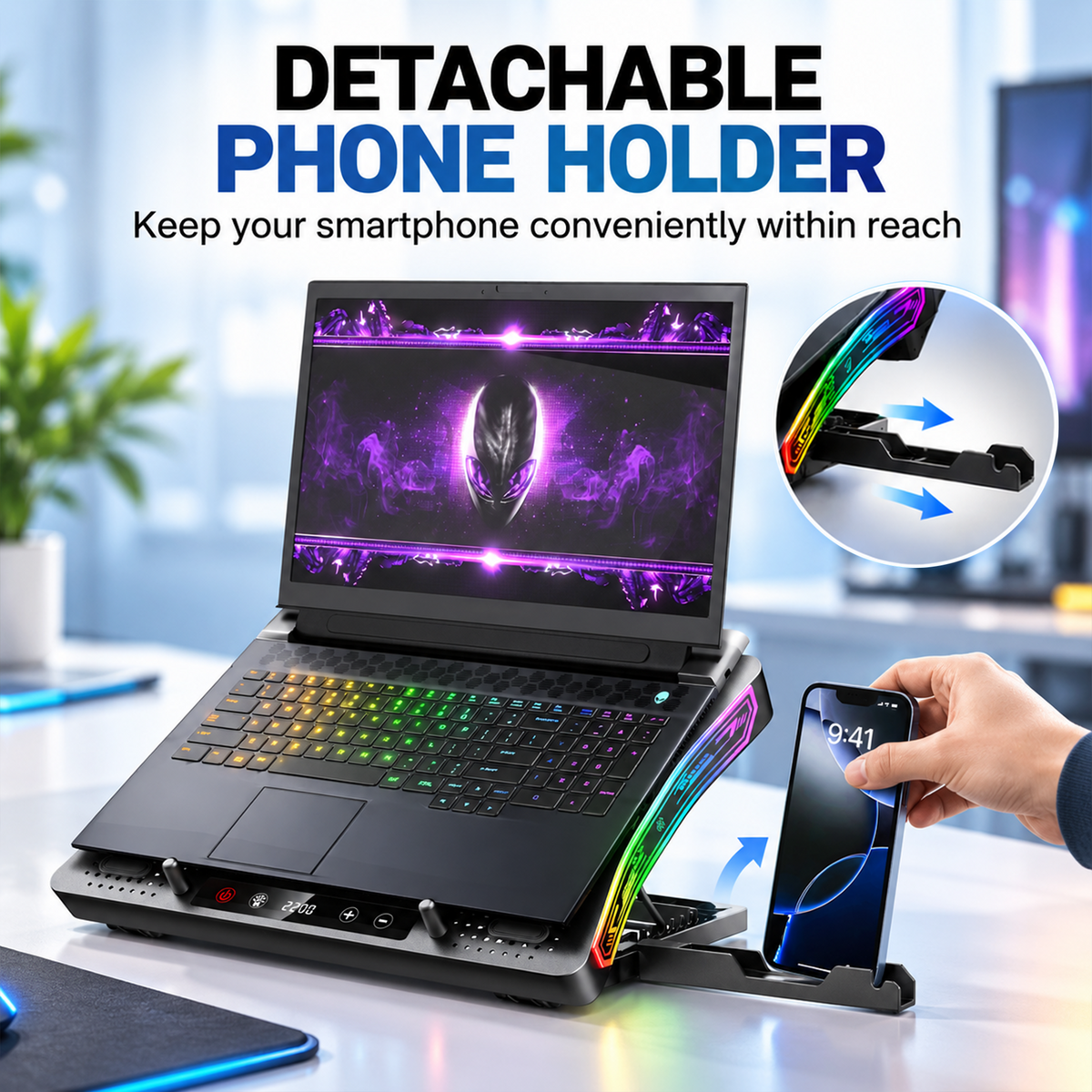 Claw Vortex K8 - 3 Fans RGB Laptop Cooling Pad with Height Adjustment, USB 2.0 + Type-C , Speed Display, Touch Control and Mobile Stand