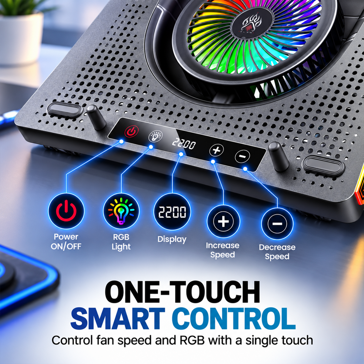 Claw Vortex K8 - 3 Fans RGB Laptop Cooling Pad with Height Adjustment, USB 2.0 + Type-C , Speed Display, Touch Control and Mobile Stand