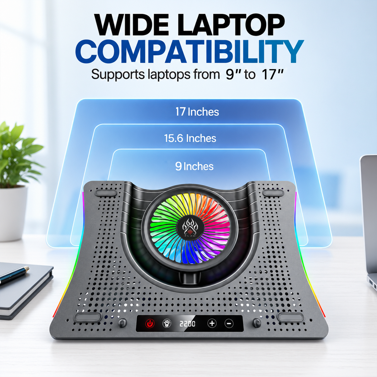 Claw Vortex K8 - 3 Fans RGB Laptop Cooling Pad with Height Adjustment, USB 2.0 + Type-C , Speed Display, Touch Control and Mobile Stand
