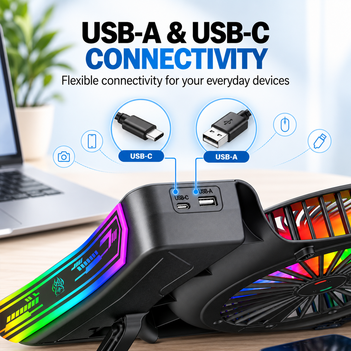 Claw Vortex K8 - 3 Fans RGB Laptop Cooling Pad with Height Adjustment, USB 2.0 + Type-C , Speed Display, Touch Control and Mobile Stand