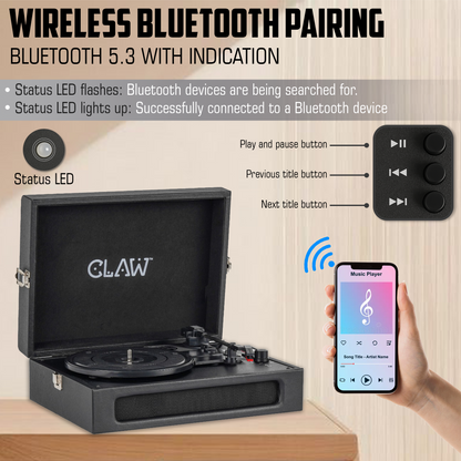 Claw Stag Retro - Bluetooth Turntable with Built-In Stereo Speaker, USB Recording and Play Buttons (Black)