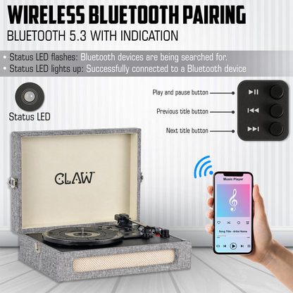 Claw Stag Retro - Bluetooth Turntable with Built-In Stereo Speaker, USB Recording and Play Buttons (Grey)