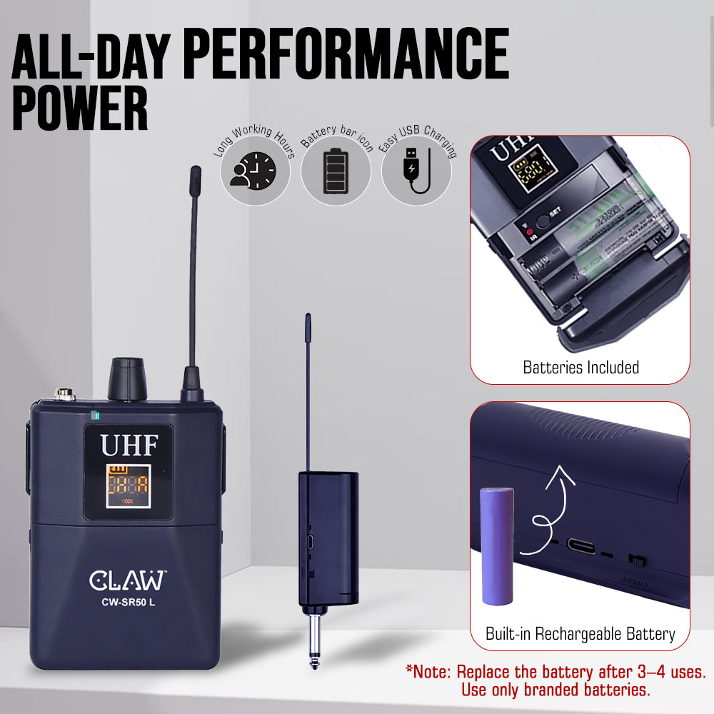 Claw CWSR50L - UHF Wireless Lavalier and Head Microphone with Bodypack Rechargeable Receiver