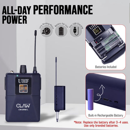 Claw CWSR50L - UHF Wireless Lavalier and Head Microphone with Bodypack Rechargeable Receiver