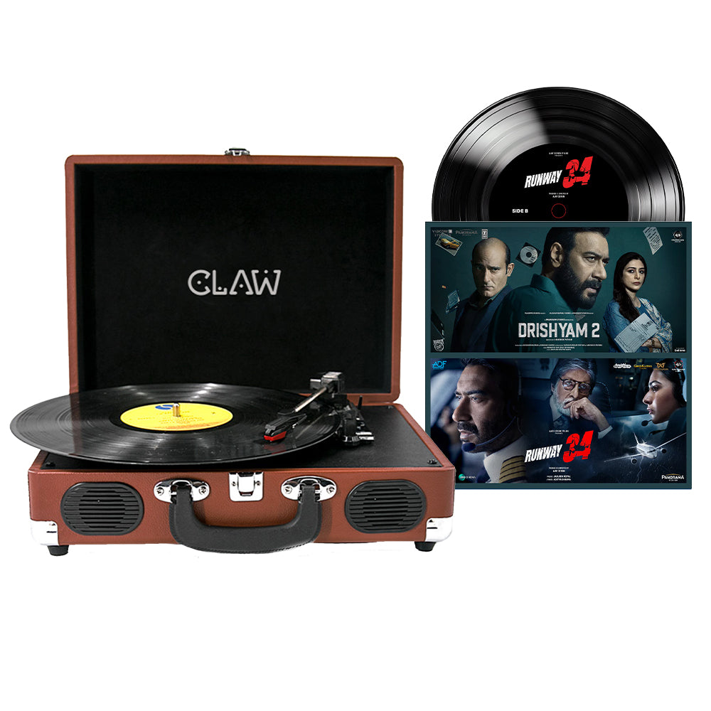 CLAW Stag Portable Turntable (BROWN) + Drishyam 2 &amp; Runway 34 Vinyl Disc (COMBO)