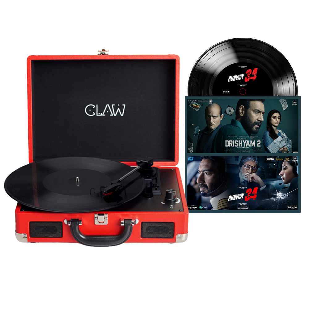 CLAW Stag Portable Turntable (RED) + Drishyam 2 &amp; Runway 34 Vinyl Disc (COMBO)
