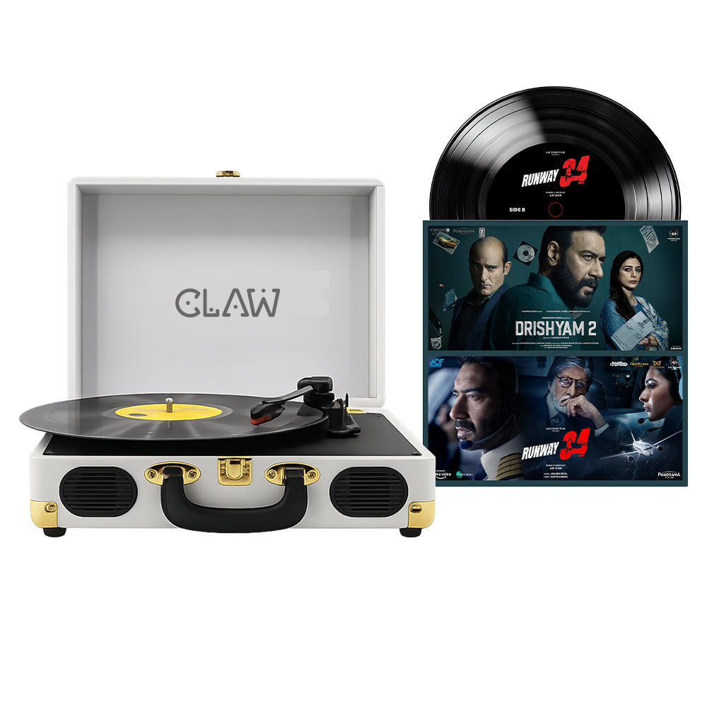 CLAW Stag Portable Turntable (WHITE) + Drishyam 2 &amp; Runway 34 Vinyl Disc (COMBO)