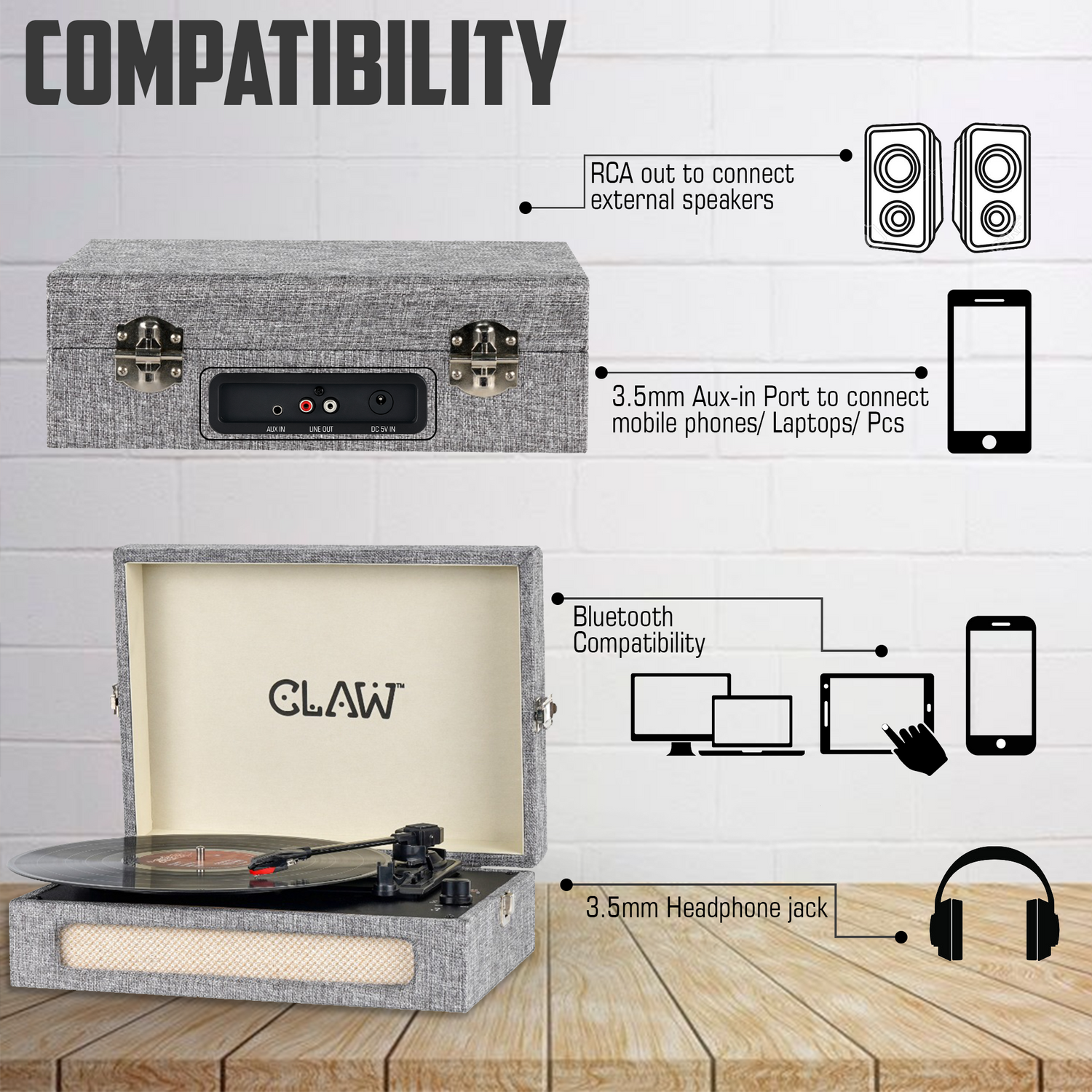 Claw Stag Retro - Bluetooth Turntable with Built-In Stereo Speaker, USB Recording and Play Buttons (Grey)