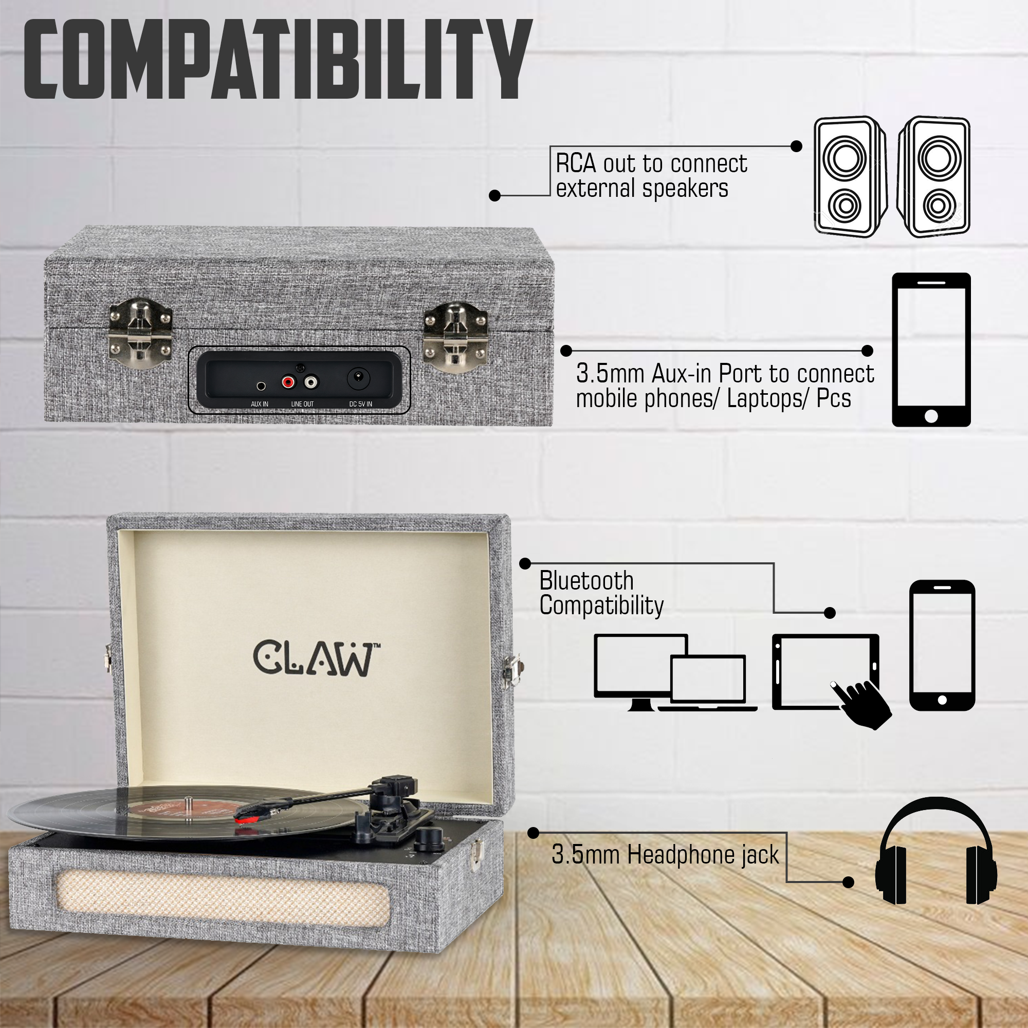 Claw Stag Retro - Bluetooth Turntable with Built-In Stereo Speaker, USB Recording and Play Buttons (Grey)