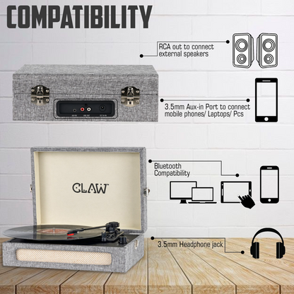 Claw Stag Retro - Bluetooth Turntable with Built-In Stereo Speaker, USB Recording and Play Buttons (Grey)