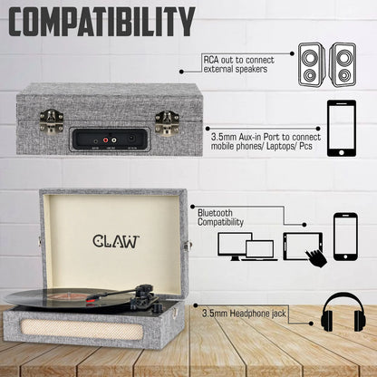 CLAW Stag Retro Bluetooth Turntable (GREY) + Dhoom Dhaam Vinyl Disc (COMBO)