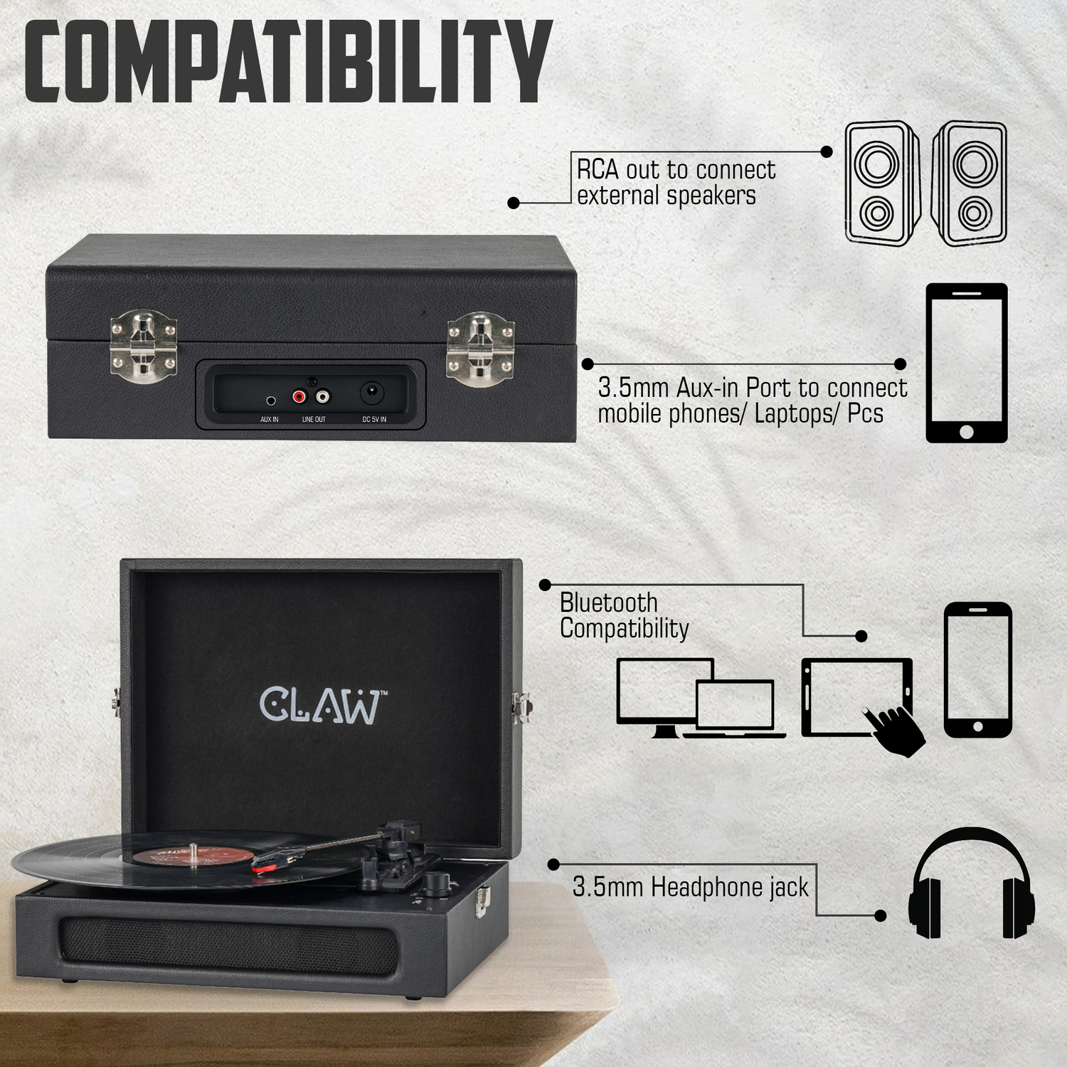 Claw Stag Retro - Bluetooth Turntable with Built-In Stereo Speaker, USB Recording and Play Buttons (Black)