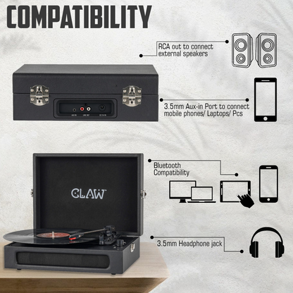 Claw Stag Retro - Bluetooth Turntable with Built-In Stereo Speaker, USB Recording and Play Buttons (Black)