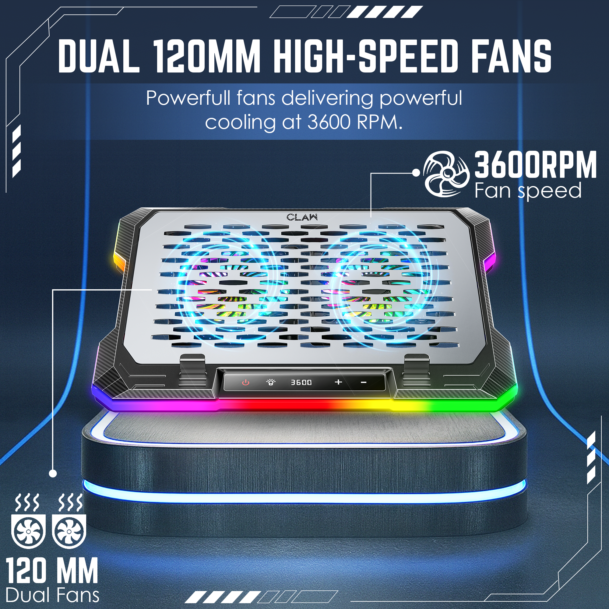 Claw Wind Pro K6 - 2 Removable Magnetic Motor RGB Laptop Cooling Pad with USB &amp; Type-C Ports , Adjustable Height and Mobile Stand