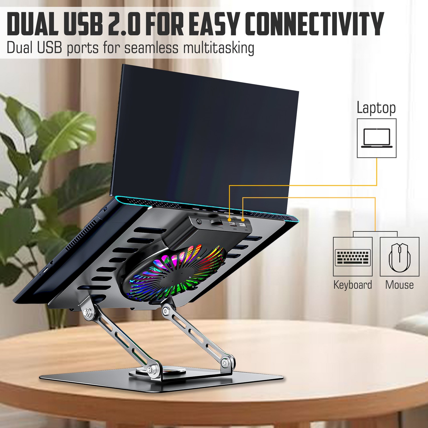 Claw Lift Max X16 - Metal Laptop Stand with RGB Fan,360° Rotation, Adjustable Angles and 2 USB Port