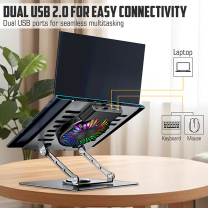 Claw Lift Max X16 - Metal Laptop Stand with RGB Fan,360° Rotation, Adjustable Angles and 2 USB Port