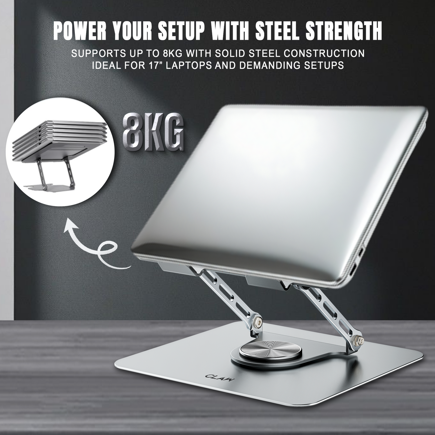 Claw Lift Pro X11 - Metal Laptop Stand with 360° Rotation, Adjustable Angle and 2 USB Port