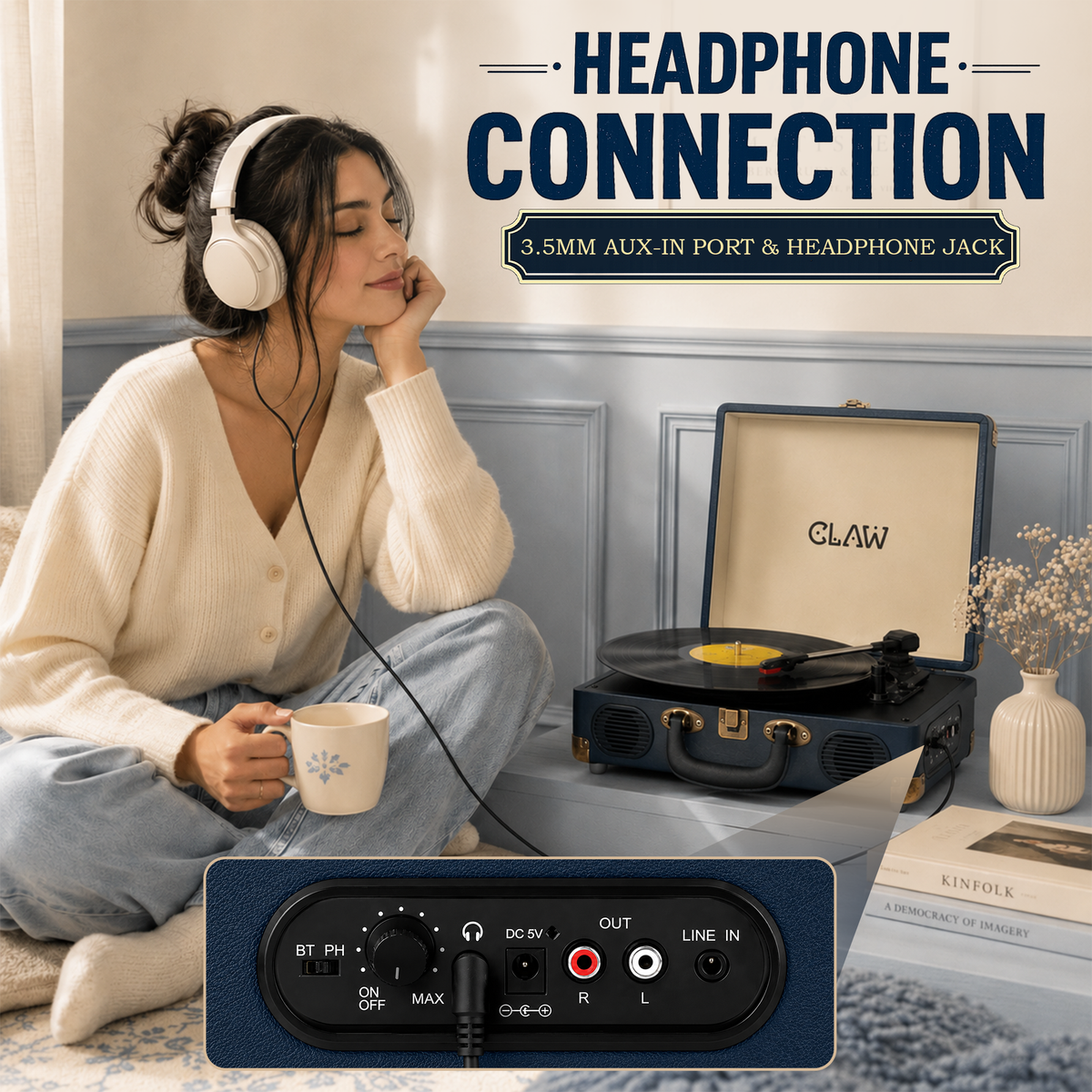 CLAW Stag Portable Pro - Bluetooth Turntable with Built-In Stereo Speaker (Dark Blue)