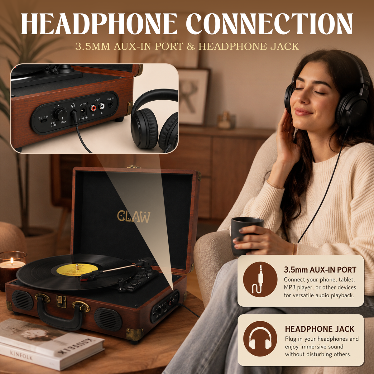 CLAW Stag Portable Pro - Bluetooth Turntable with Built-In Stereo Speaker (Red Wood)