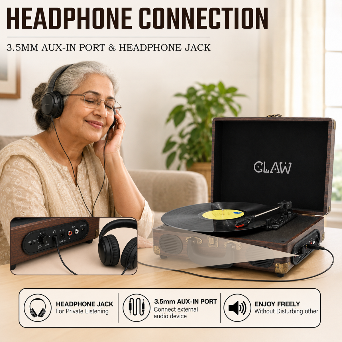 CLAW Stag Portable Pro - Bluetooth Turntable with Built-In Stereo Speaker (Brown Wood)