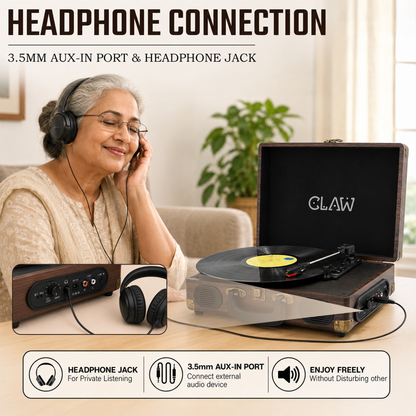 CLAW Stag Portable Pro - Bluetooth Turntable with Built-In Stereo Speaker (Brown Wood)