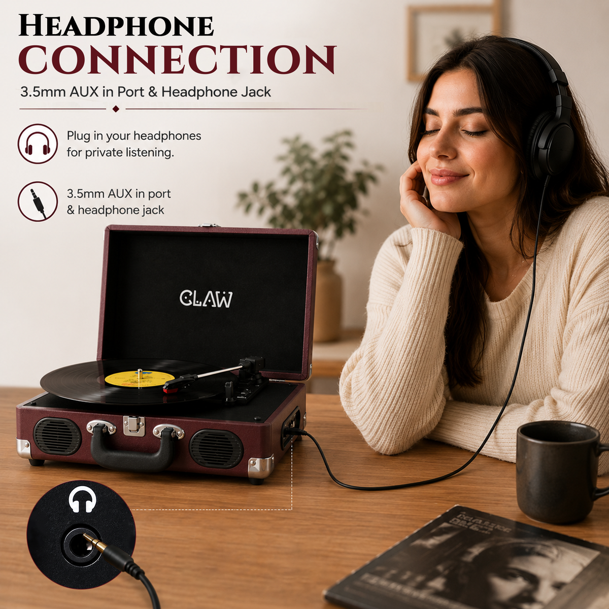CLAW Stag Portable Pro - Bluetooth Turntable with Built-In Stereo Speaker (Wine Red)