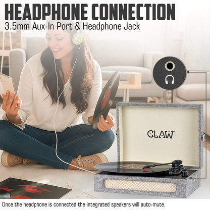 Claw Stag Retro - Bluetooth Turntable with Built-In Stereo Speaker, USB Recording and Play Buttons (Grey)