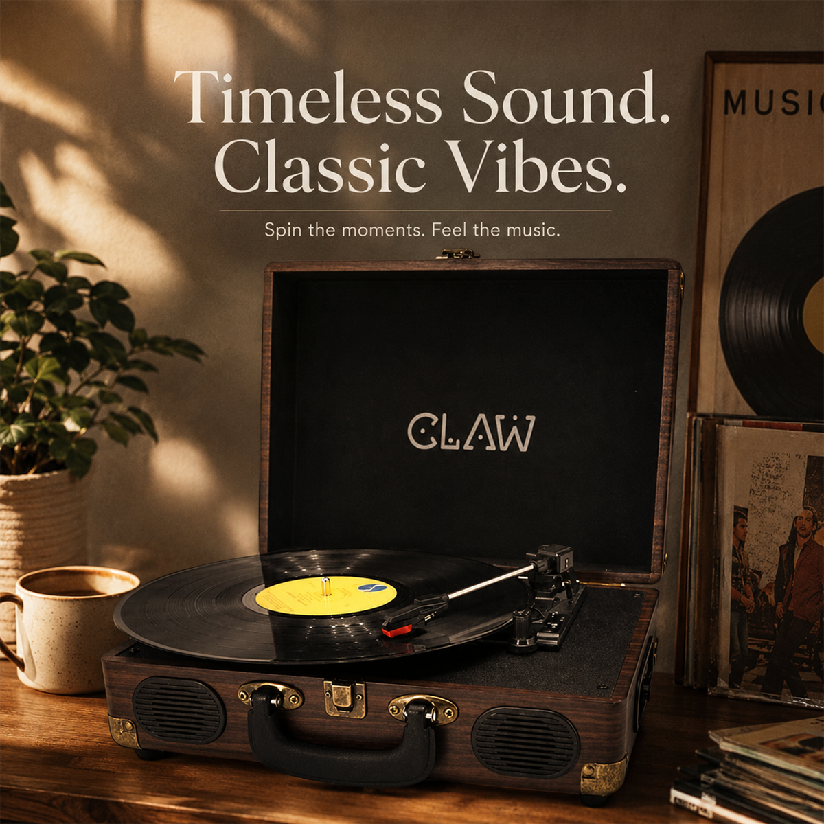 CLAW Stag Portable Pro - Bluetooth Turntable with Built-In Stereo Speaker (Brown Wood)