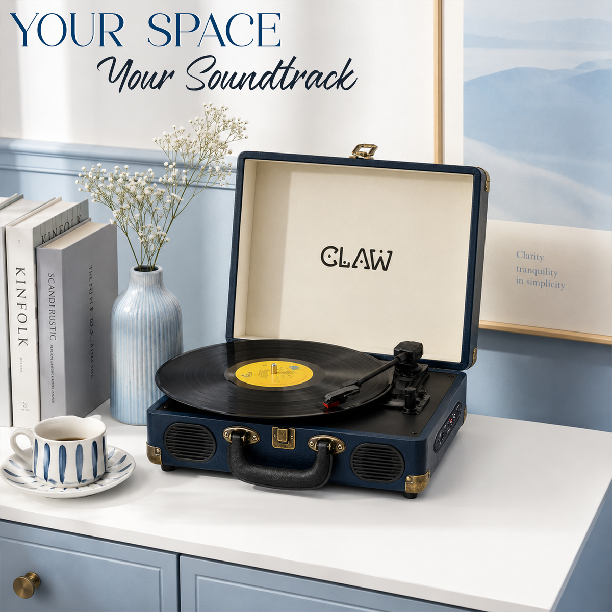 CLAW Stag Portable Pro - Bluetooth Turntable with Built-In Stereo Speaker (Dark Blue)