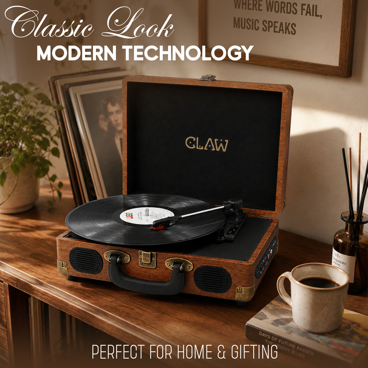 CLAW Stag Portable Pro - Bluetooth Turntable with Built-In Stereo Speaker (Red Wood)