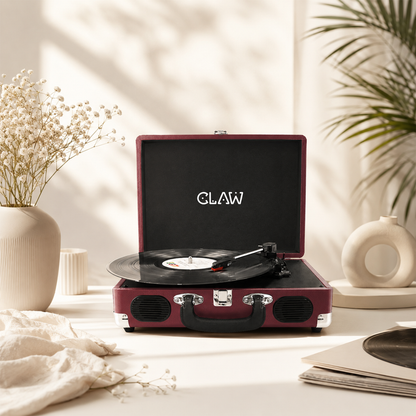 CLAW Stag Portable Pro - Bluetooth Turntable with Built-In Stereo Speaker (Wine Red)