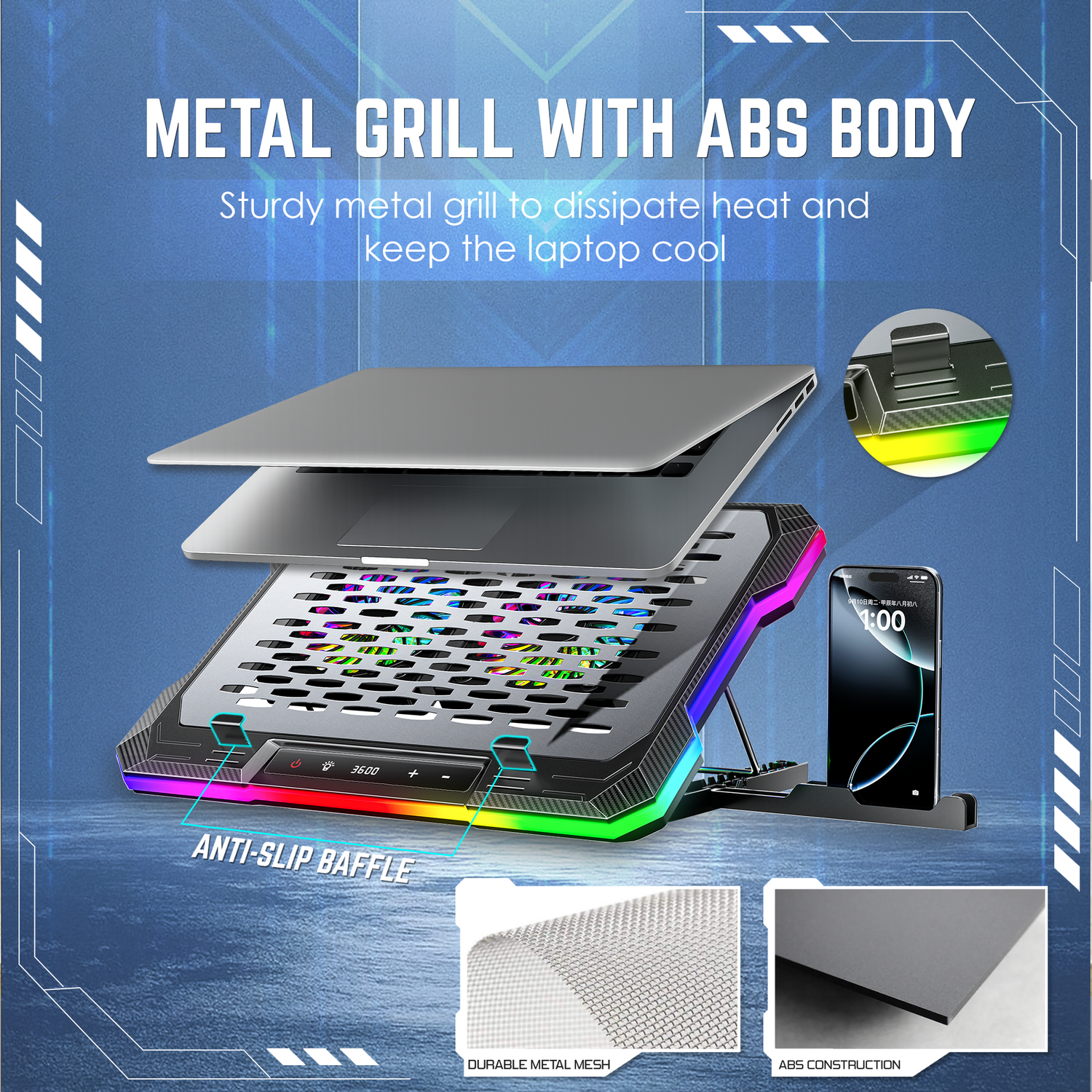 Claw Wind Pro K6 - 2 Removable Magnetic Motor RGB Laptop Cooling Pad with USB &amp; Type-C Ports , Adjustable Height and Mobile Stand