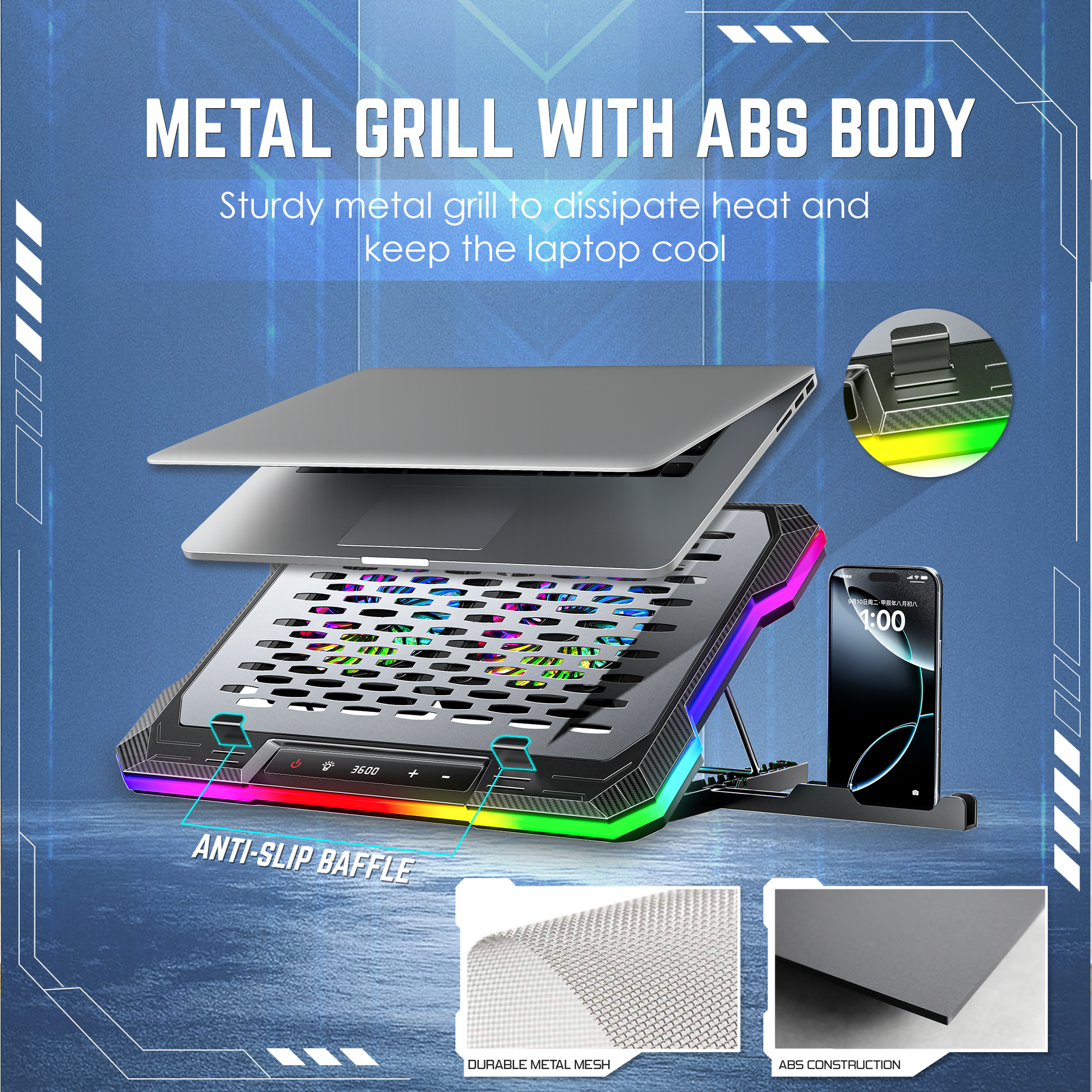 Claw Wind Pro K6 - 2 Removable Magnetic Motor RGB Laptop Cooling Pad with USB &amp; Type-C Ports , Adjustable Height and Mobile Stand