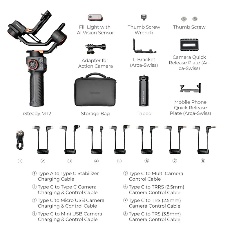 Hohem MT2 Kit - 4-in-1 Gimbal for Camera, Pocket Camera, Action Camera and Smart Phone with AI Tracker and RGB Fill Light